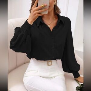 Luxe Swiss dot lantern sleeve button down blouse